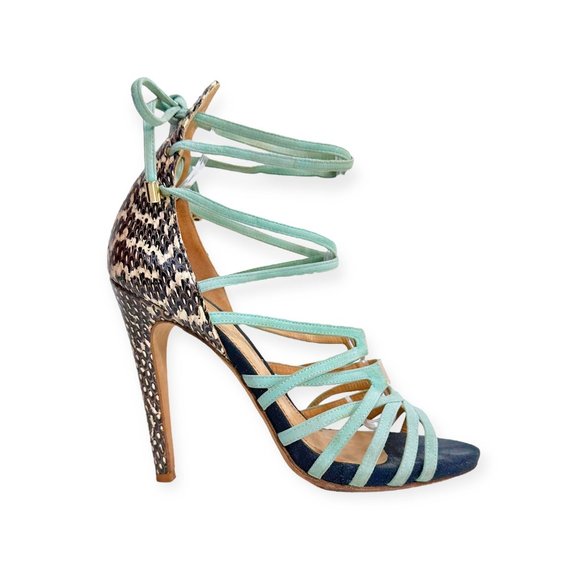 APERLAI PARIS Strappy Lace Up High Heel Sandals Turquoise Size 8